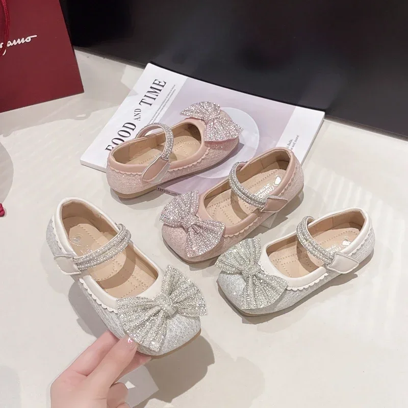 New Kids Party Shoes Bling Sequins Bowknot Little Girls Leather Shoes Spring Autumn Shallow Children Causal Wedding Flat
