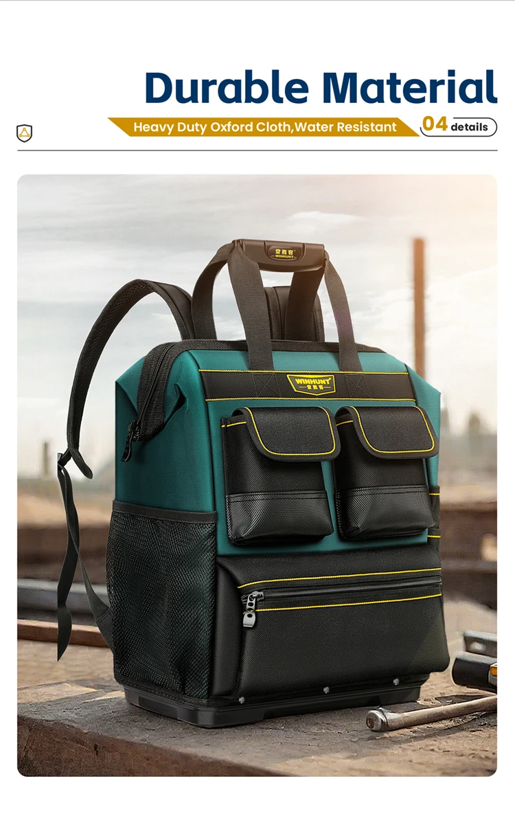 Werkzeugrucksack, mehrere Taschen, große Kapazität, Gummibasis, verschleißfest und langlebig, multifunktionaler Werkzeugaufbewahrungsrucksack – Detail 6