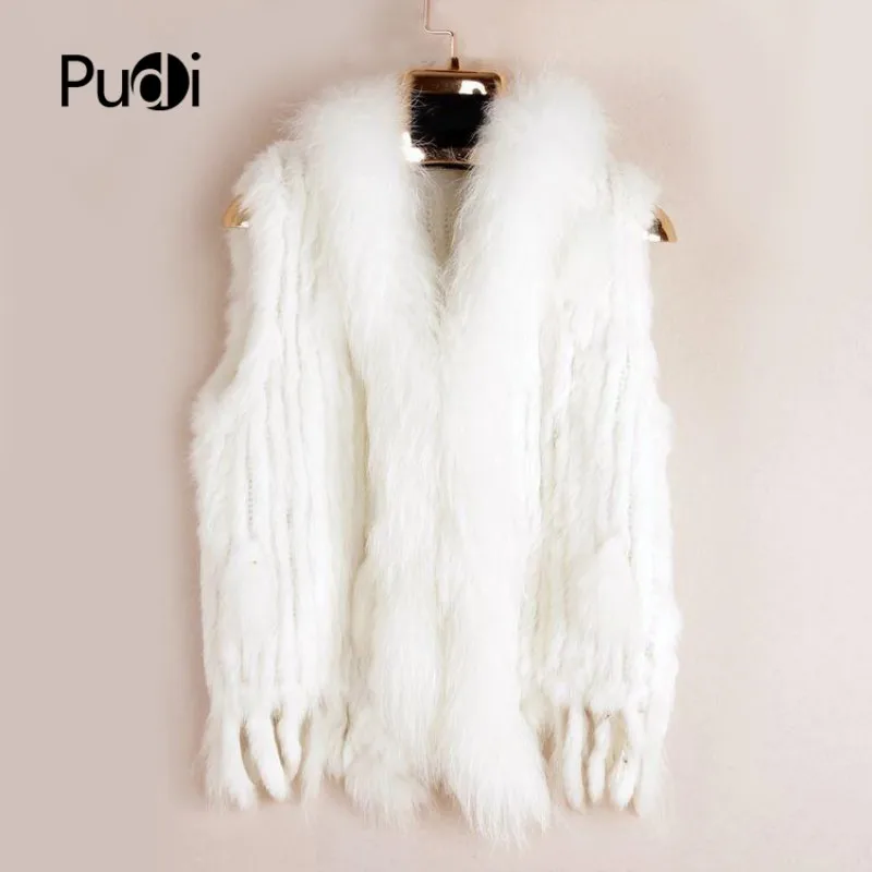 VR001 Free Shipping Womens Natural Real Rabbit Fur Vest With Raccoon Fur Collar Waistcoat/jackets Rex Rabbit Knitted Winter