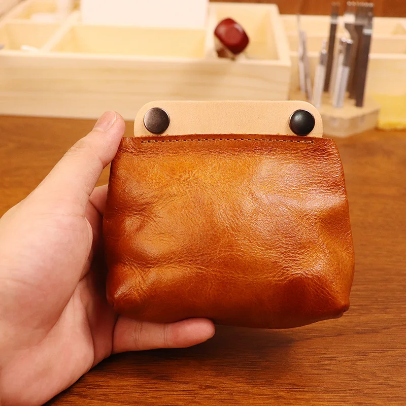 Genuine Leather Double Snap Pouch Coin Purse Cash and Card Holder Cable Organizer Pocket Vintage Brand Change Holder for Men