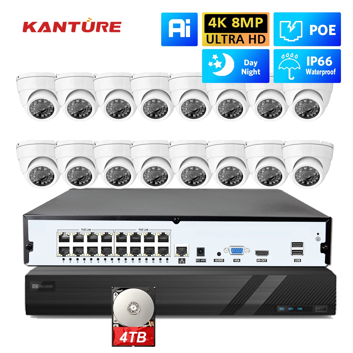 KANTURE 16CH 4K HD 보안 카메라 시스템 POE IP 실내 실외 A..