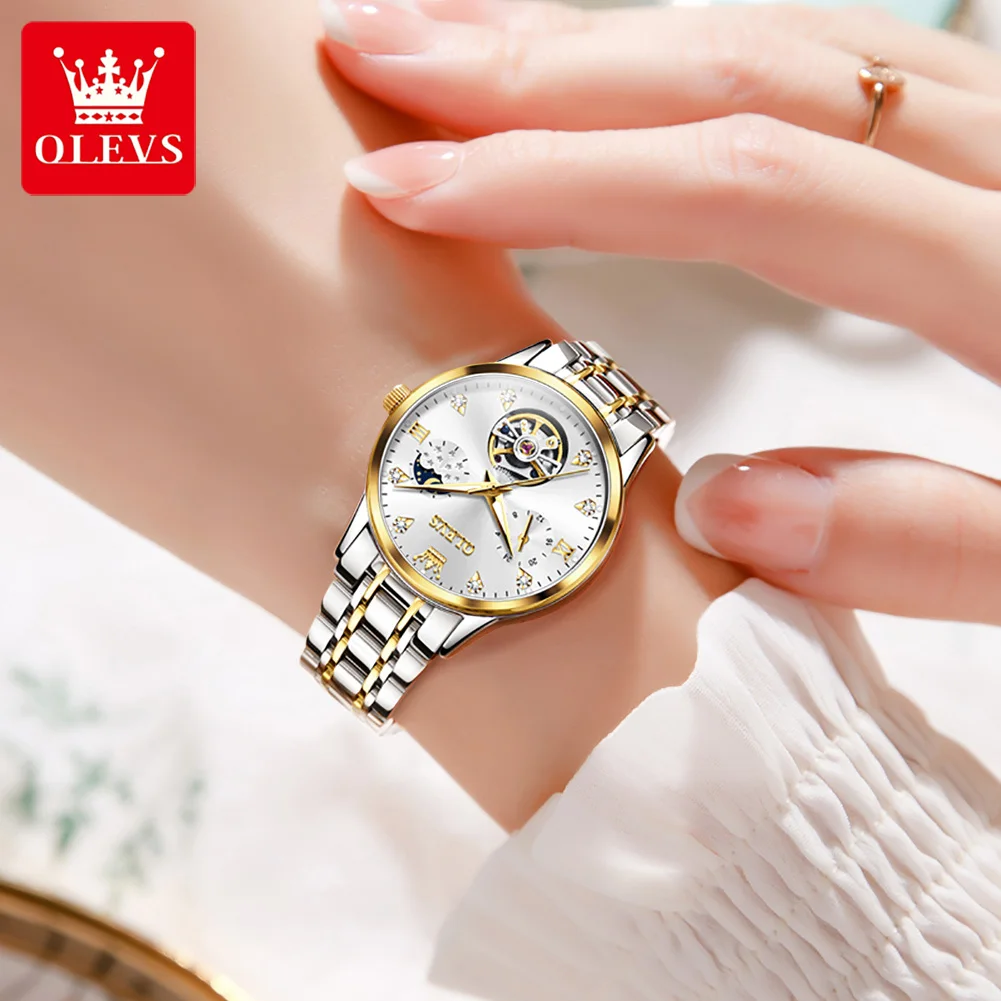 OLEVS 6608 Women's Watch Hollow Waterproof Mechanical Watch For Women Moon Phase Stainless Steel Strap Luxury Ladies Wristwatch