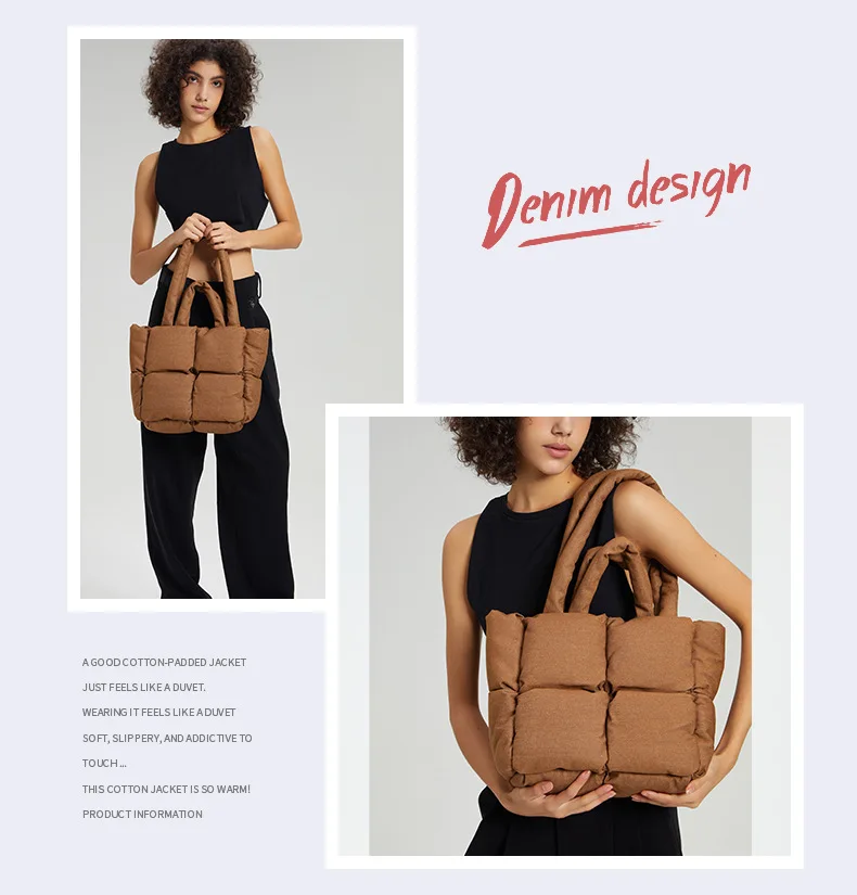 Denim puffer tote bag worn over the shoulder