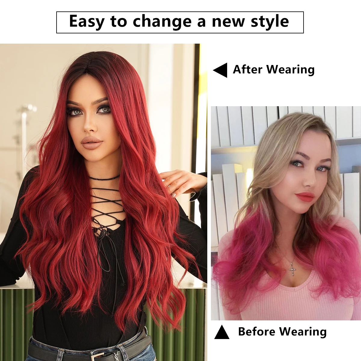 NAMM Long Loose Water Wave Wine Red Wigs with Dark Roots High Quality Synthetic Layered Middle Part DarkRed Hair Wig for Women