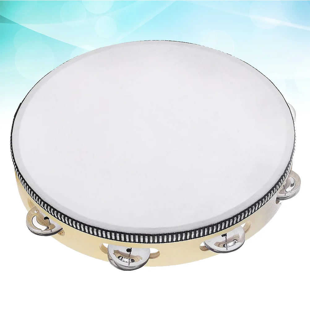 

10 Inch Hand Held Sheepskin Tambourine Drum Bell Birch Metal Jingles Percussion Educational Toy for KTV Party Kids Games (Beige)