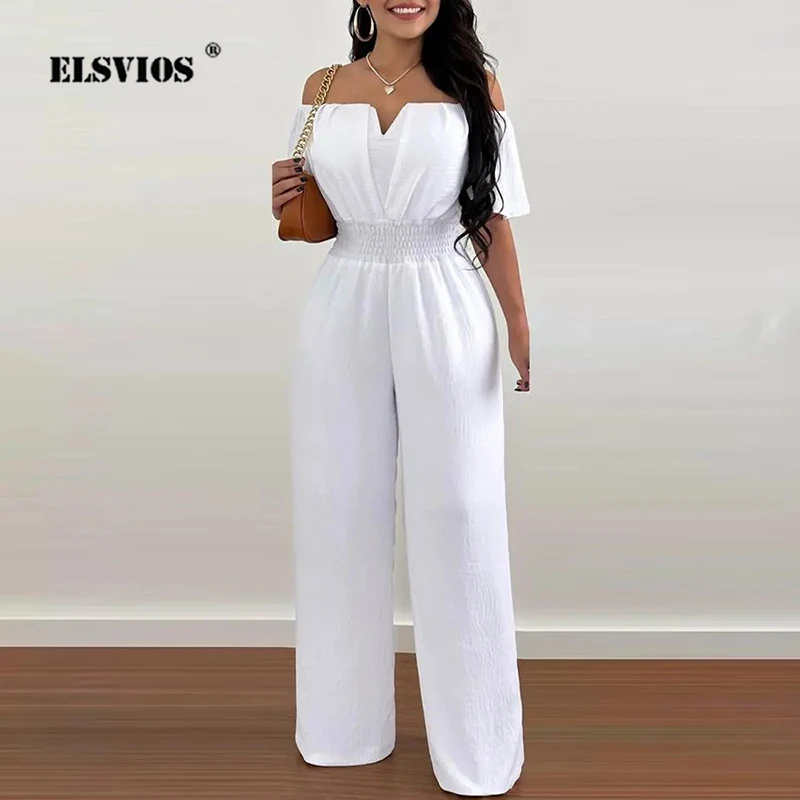 

Summer New Jumpsuits For Women Fashion Sexy Off-shoulder Short Sleeves Casual Solid Color Rompers Lady Elegant Slim Party Outfit