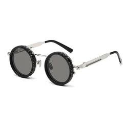 Polarized Round Retro Punk Sunglasses with Adjustable Dimming and UV400 Protection (Silver black)