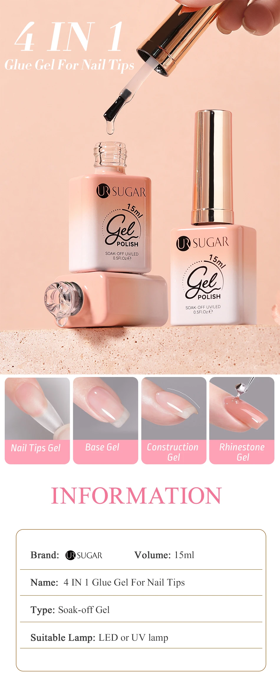 Description Picture 3 of itemUR SUGAR 15ml Wine Red Gel Nail Polish Long-Lasting French Style Gel Nail Supplies For Manicure DIY Nail Art Varnish