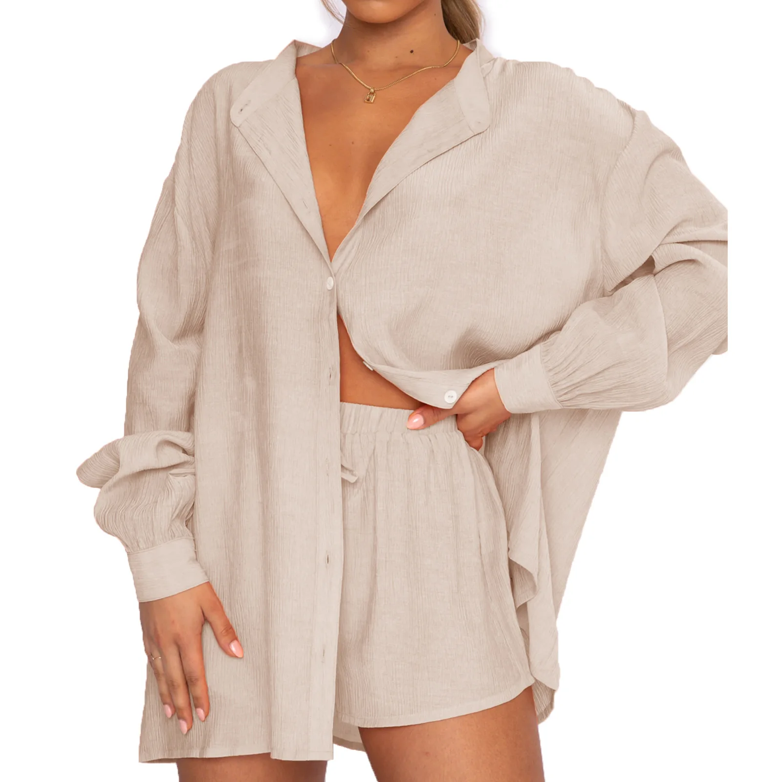 

Women Casual Two Piece Shorts Set Loose Button Cardigan Shirt Elastic Waist Lounge Shorts Tracksuit Sumer Casual Outfits Sets