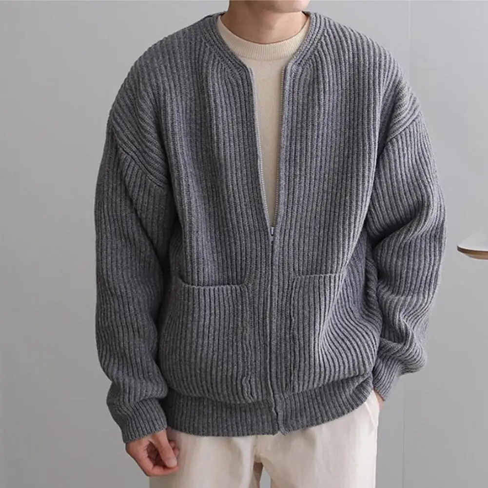 Warm Knitted Sweater Outwear Men's Collarless Knitted Sweater Coat with Zipper Placket Pockets Solid Color Autumn for Male