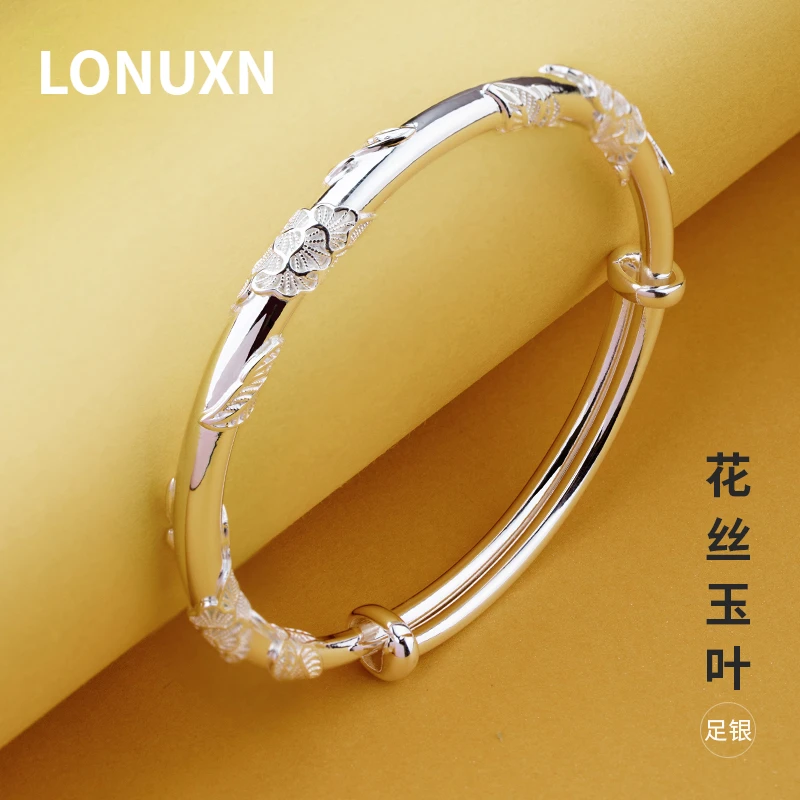 

High-quality New Flower Leaf Pattern Real S999 Pure Silver Retro Jewelry Smooth Surface Woman Bracelet Openings Mother's Gift