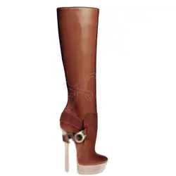 Brown Wooden Heel Platform Boots Belt Decor Round Toe Thin High Heel Shoes for Women High Heels 2023 New Zapatos Para Mujere
