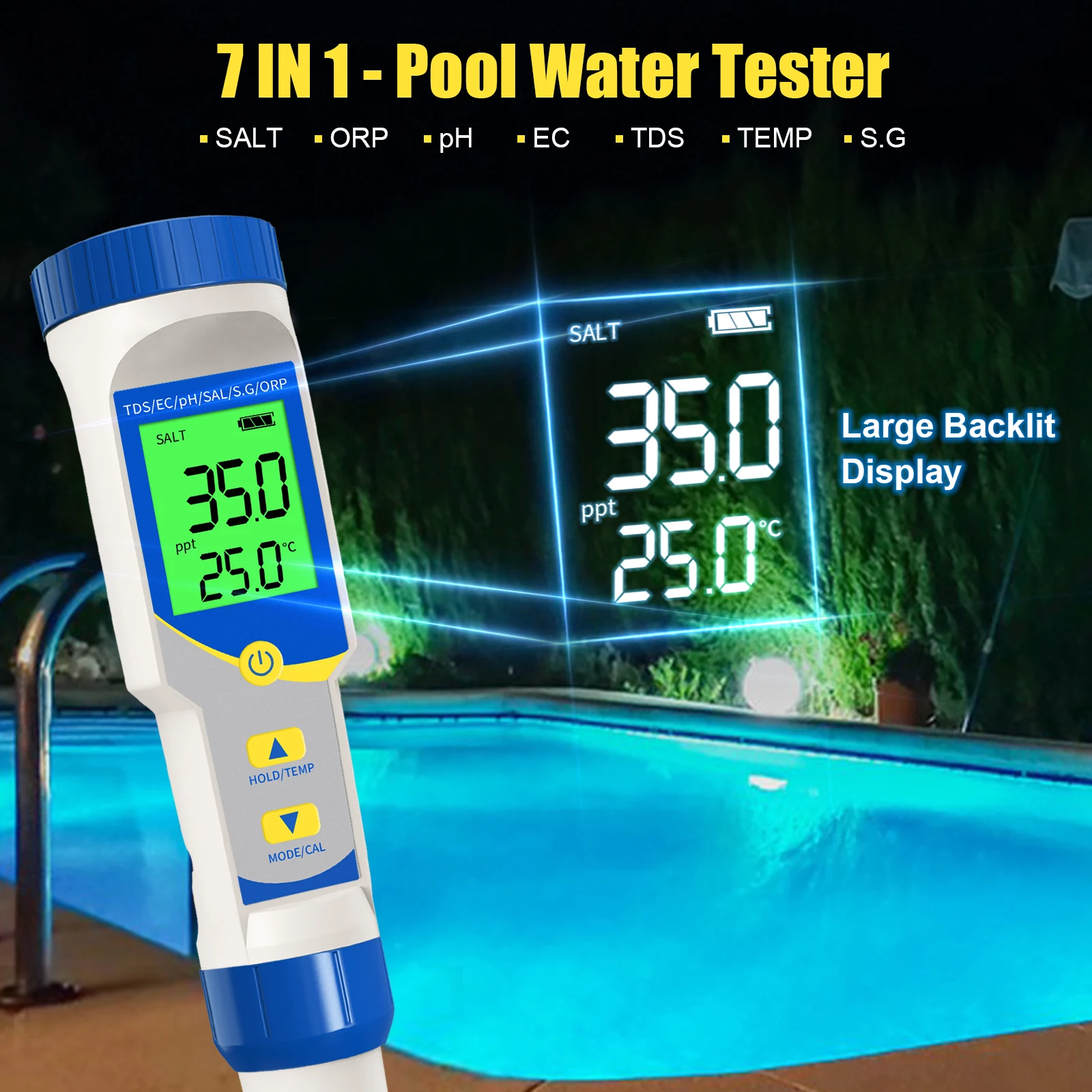 Digitales 7-in-1 Wasser Test Kit – Misst PH, EC, ORP, TDS, Salz, SG & Temperatur Für Teich, Pool, Aquarium, Hydroponik