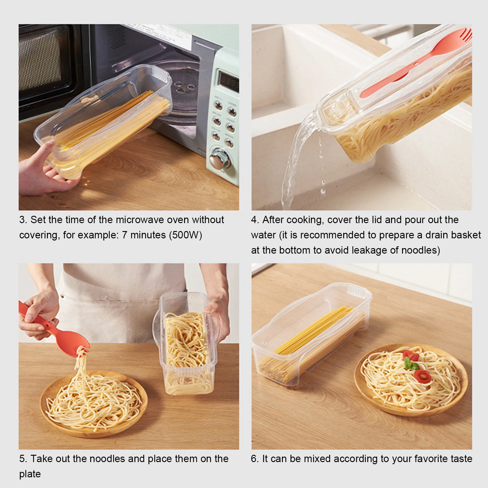 Microwave Food Boxes with Lids 44oz Microwavable Spaghetti Cooking Box Drainer & Flatware for Spaghetti Vegetables microwave food boxes