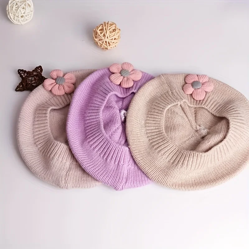 Flower Baby Beret Hat Winter Warm Knitted Beanie Cap for Infant Girls Korean Toddler Princess Artist Solid Color Painter Caps Baby & Maternity