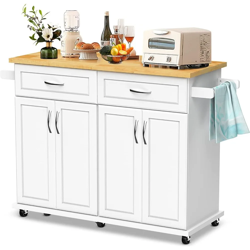 

Kitchen Island Cart on Wheels with Cabinet, Rubberwood Countertop, Lockable Casters, Adjustable Shelves, Kitchen Storage