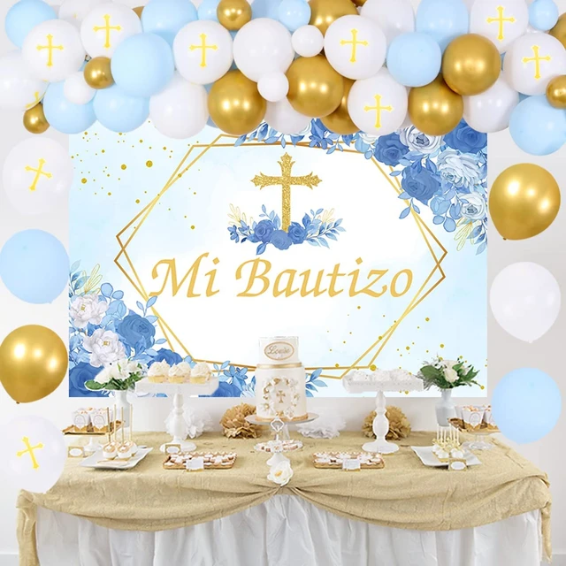 Blue Mi Bautizo Party Decoraciones con telón de fondo, Fiesta de bautizo,  Primera Comunión, Niño - AliExpress