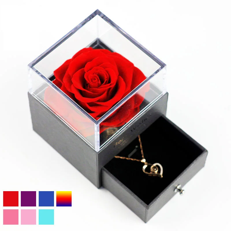 

Festoon Eternal Flower Jewelry Box True Rose Acrylic Drawer Gift Box Valentine's Day Gift Wedding Supplies Surprise Your Lover