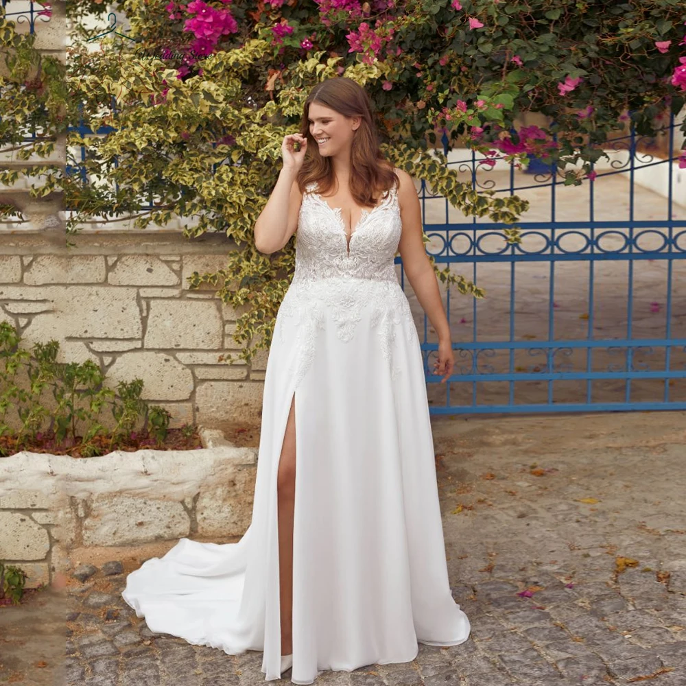 

Elegant Chiffon Wedding Dresses Plus Size Deep V Neck Sleeveless Bride Gowns Appliques Sweep Train A-Line Vestido De Noiva 2023