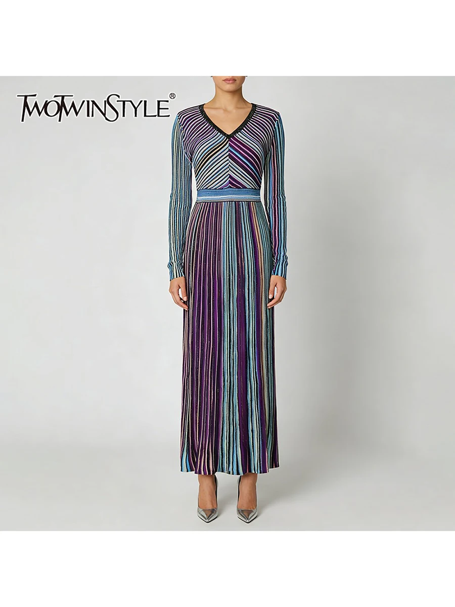 TWOTWINSTYLE Hit Color Striped Spliced Bright Silk Fashion Dresses for Women V Neck Long Sleeve High Waist Knit Dress Female New