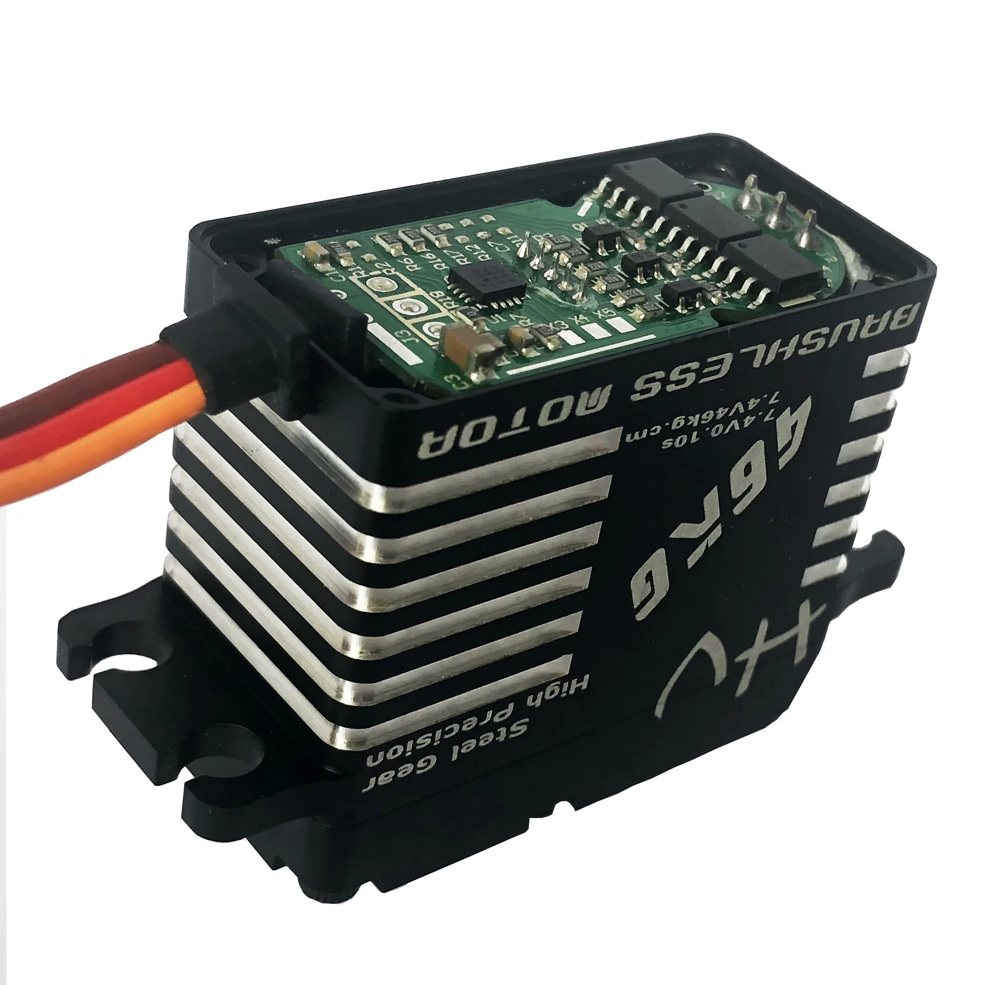 Servo numérique sans balais 7.4V pour drone RC, câble et connecteur visibles sur fond blanc