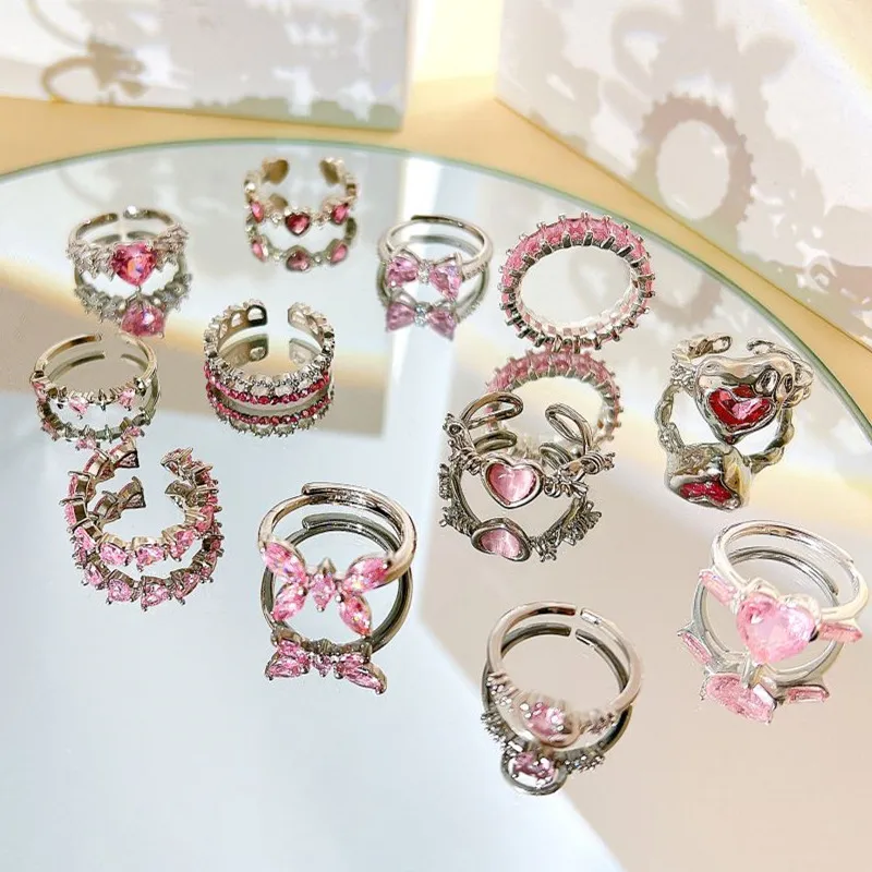 Bague Ajustable Zircon Rose En Forme De Nœud - Bijou Fantaisie Tendance - Neuf Avec étiquettes