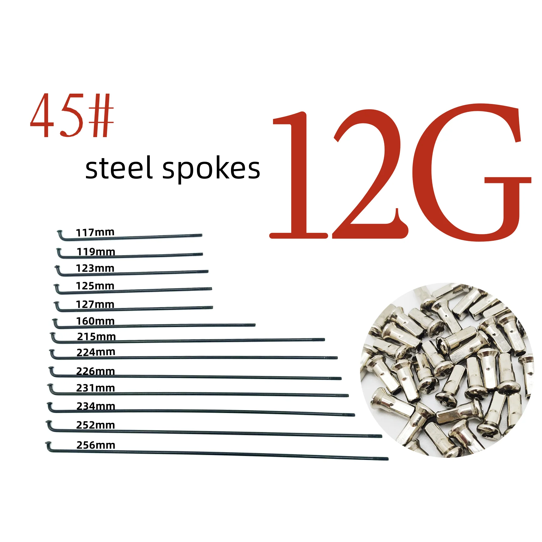 Bicycle Spokes 10 pcs/lot 12G Diameter 2.5mm Length 117-254mm Steel + Nipples