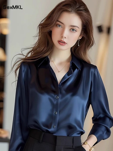 Elegant Silk Office Shirts Women Korean Fashion Y2k Clothes Slim Long Sleeve White Black Blusas Mujer Workwear Tops and Blouses 1