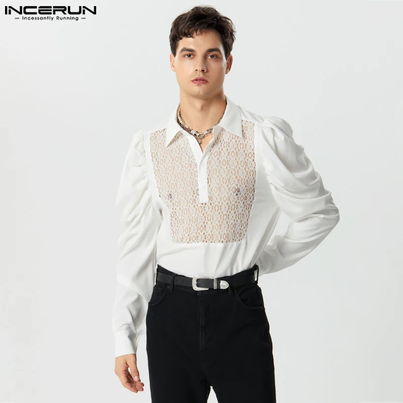 

INCERUN Tops 2023 American Style New Men's Lace Hollow Patchwork Design Shirts Casual Male Bubble Long Sleeved Lapel Blouse S-XL