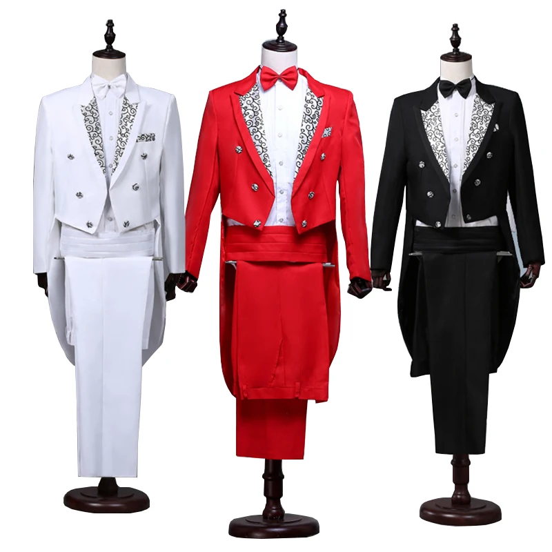 

Mens Tailcoat White Black Red Jacquard Lapel Tail Coat Stage Singer Costume Wedding Groom Prom Tuxedo Dress Suits Jacket+Pants