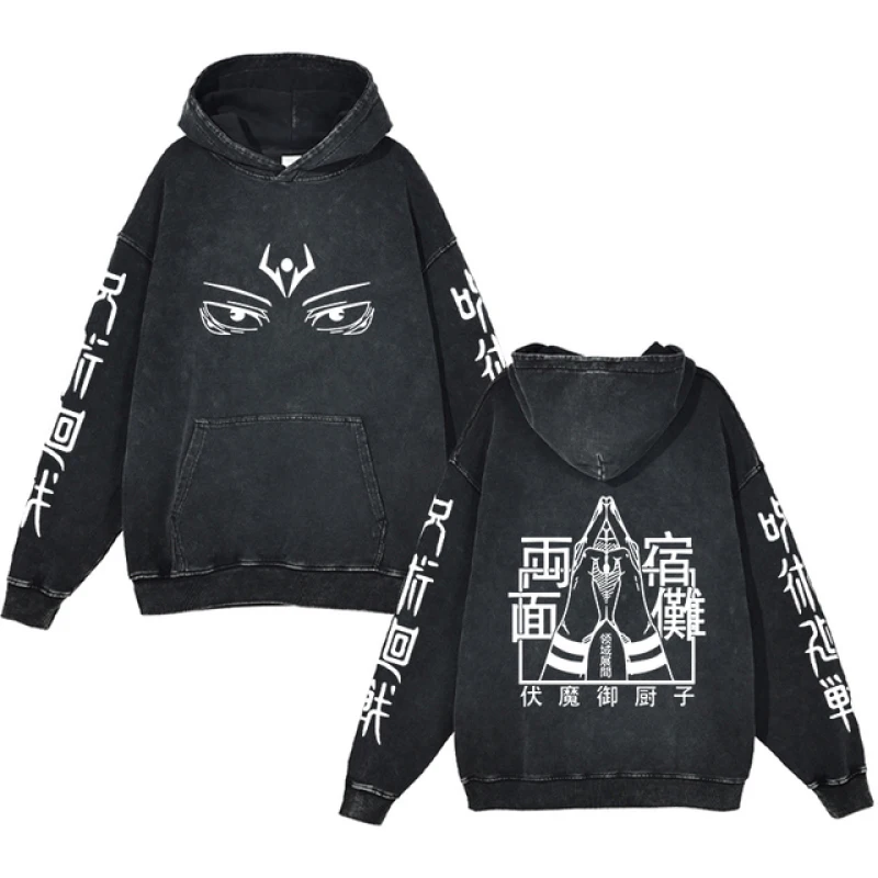 

Japanese Anime Jujutsu Kaisen Print Hoodies Men Vintage Washed Cotton Pullovers Tops Casual Hooded Sweatshirts Cosplay Clothing