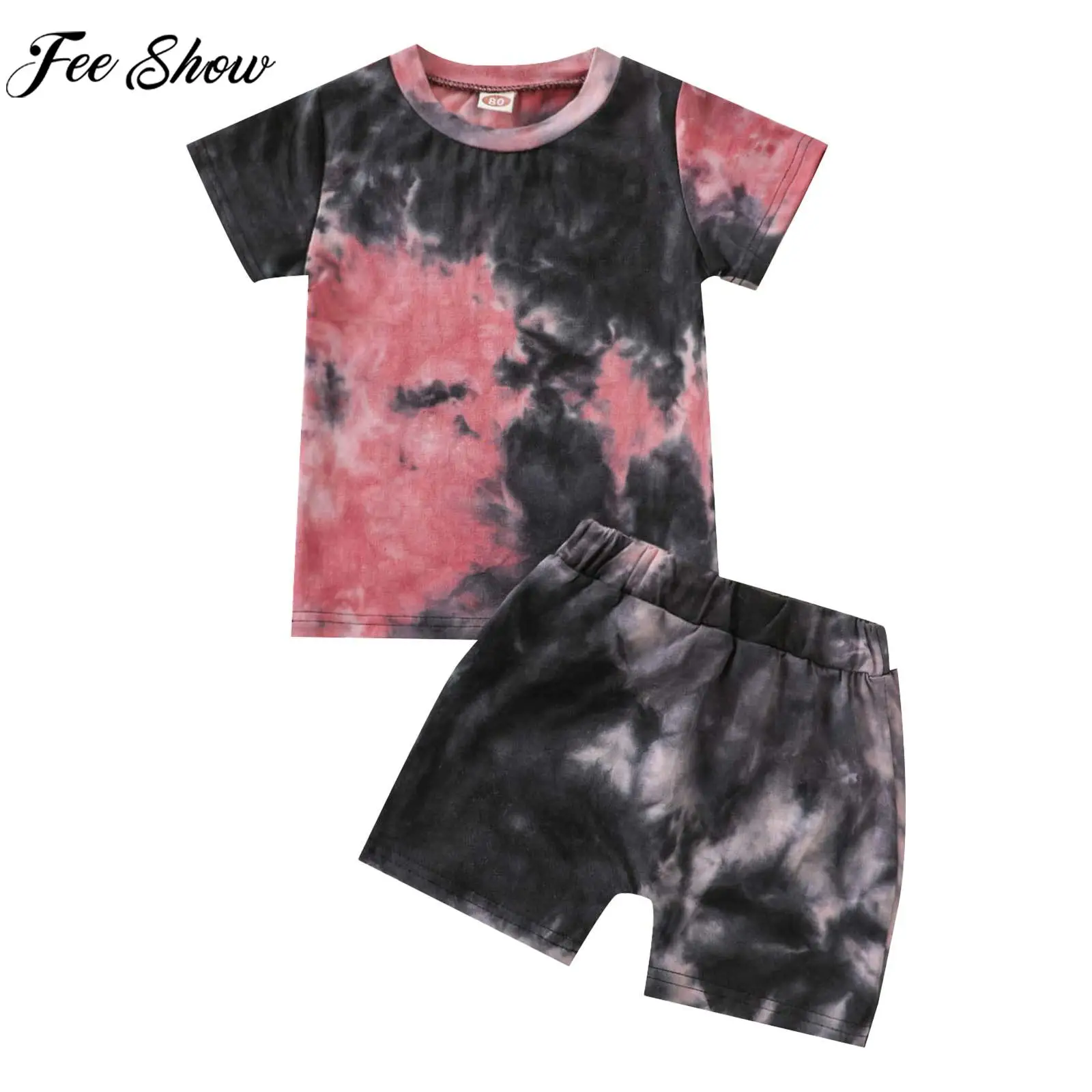 

Little Boy Retro Tie Dye Costume O-neck Short Sleeve T-shirt with Shorts Set Child Summer Casual Daily Wear Loungewear Nightwear