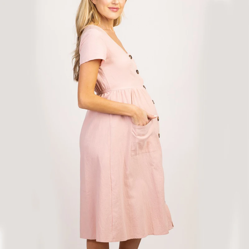 Button Pocket Maternity Dresses Pregnant Women Office Casual Clothes Cotton Summer Female Plus Size Pregnancy Dress Graduation