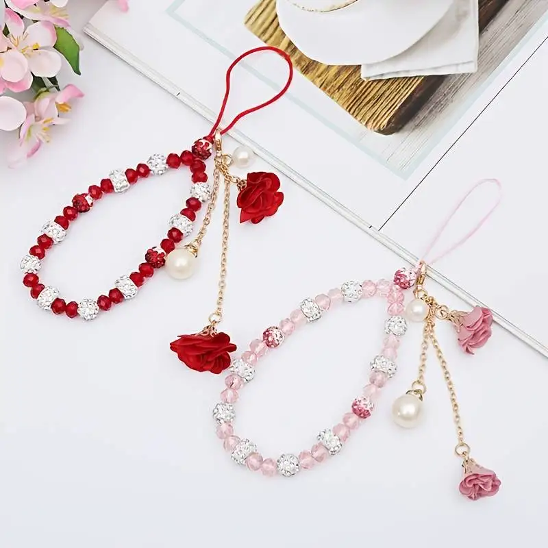 Hermoso cordón de cristal con forma de flor para teléfono, cadena con dije para teléfono celular, llavero, bolso para mujer y niña, colgante para cámara para estuche_voghion.com