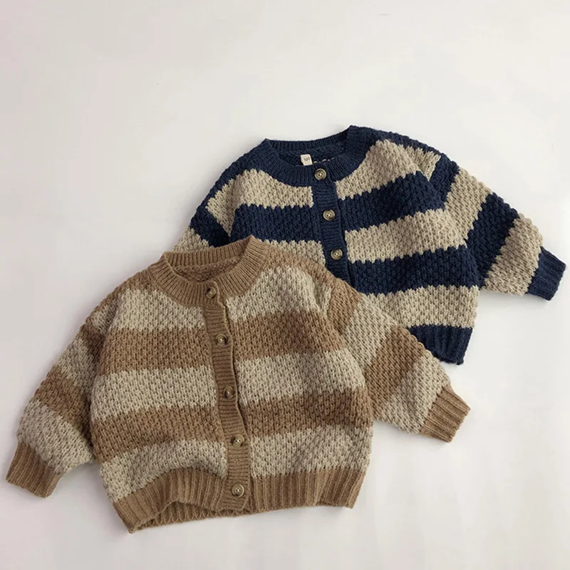  스웨터 패션 스트라이프 긴팔 가디건 스웨터, 겨울 가을 어린이 소년 소녀 옷, 니트 탑 코트 의류, 1-7 세