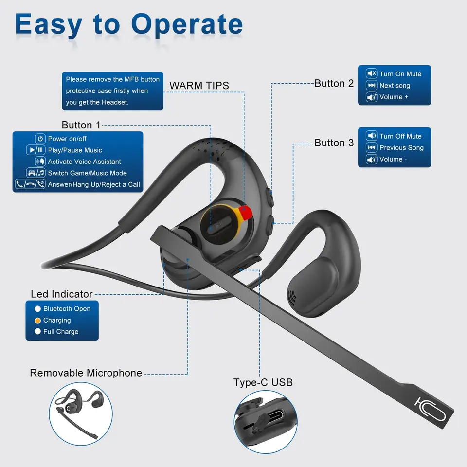 Casque à Oreille Ouverte Avec Microphone Anti-bruit, Conduction D'air Légère, Casque Bluetooth, écouteur Sans Fil Pour Appel
