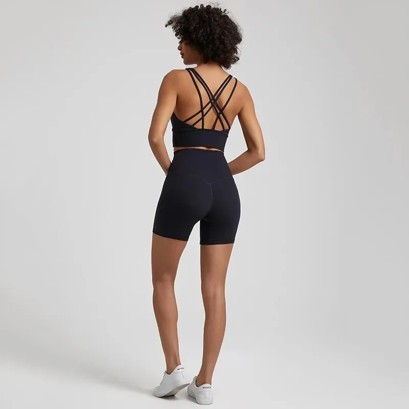 Lemon Gym Yoga Set Workout Training Women Sports Suit High Waist Short And  Fitness Bra 2pcs Short Legging  With Chest Pad