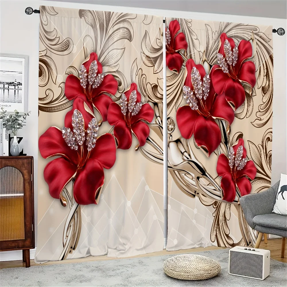 

2 Panels Red Flowers Printed Curtain Rod Pocket Top Elegant And Romantic Window Treatment, For Study Room Kitchen Living Room