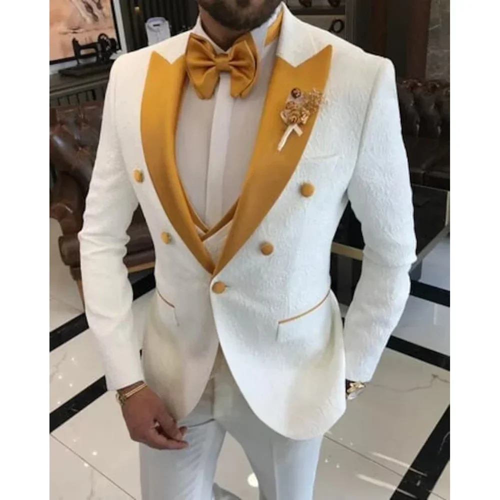 White Men's Suits Elegant Blazer Outfits Wedding Male Clothing Single Breasted Yellow Peak Lapel 3 Piece Jacket Pants Vest Set