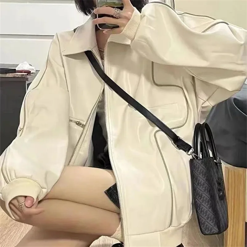 American Retro Lazy Style Motorcycle Leather Coat Women's Autumn Winter New Design Senses Small Crowd PU Leather Jacket Women's