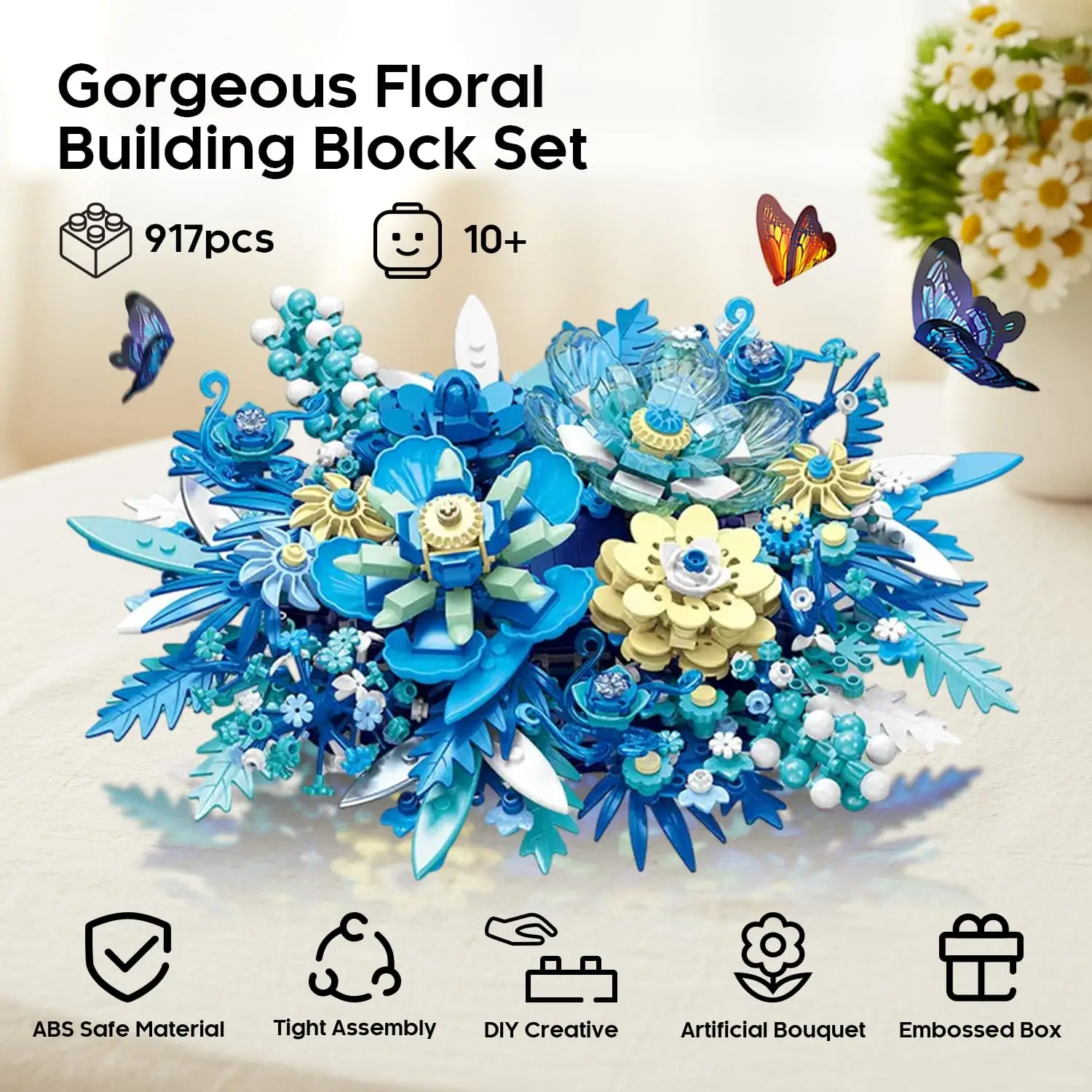 917PCS Preserved Flower Bouquet Building Blocks Fantasy Blue