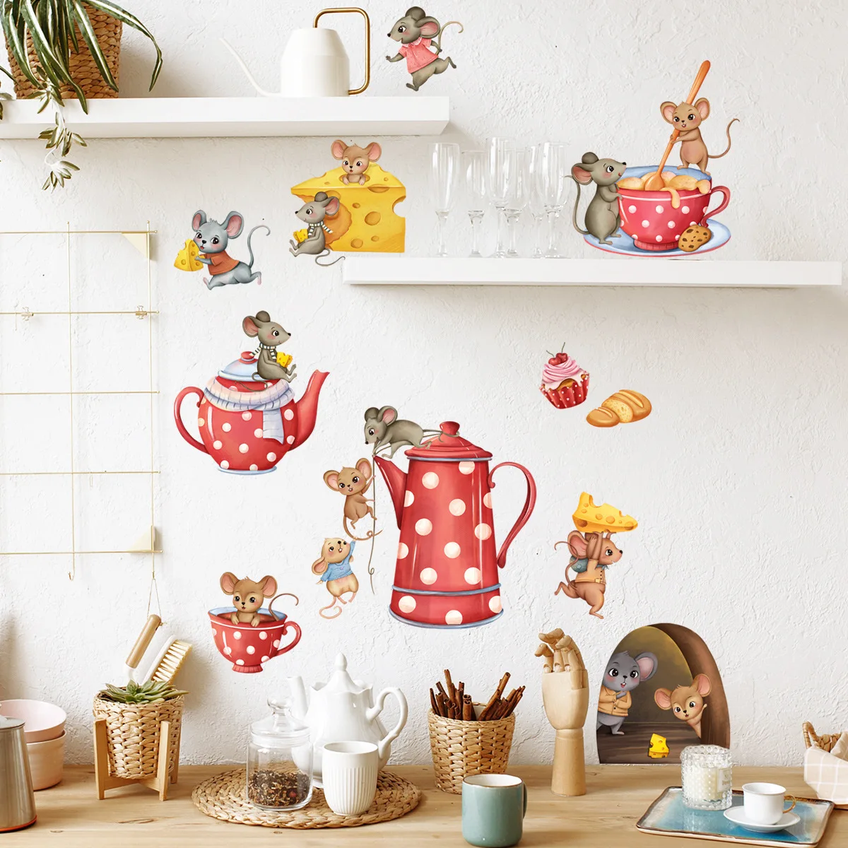 CartoonMouseTeapotWallDecalsBedroomLivingRoomBackgroundDecorKitchenCupboardWall