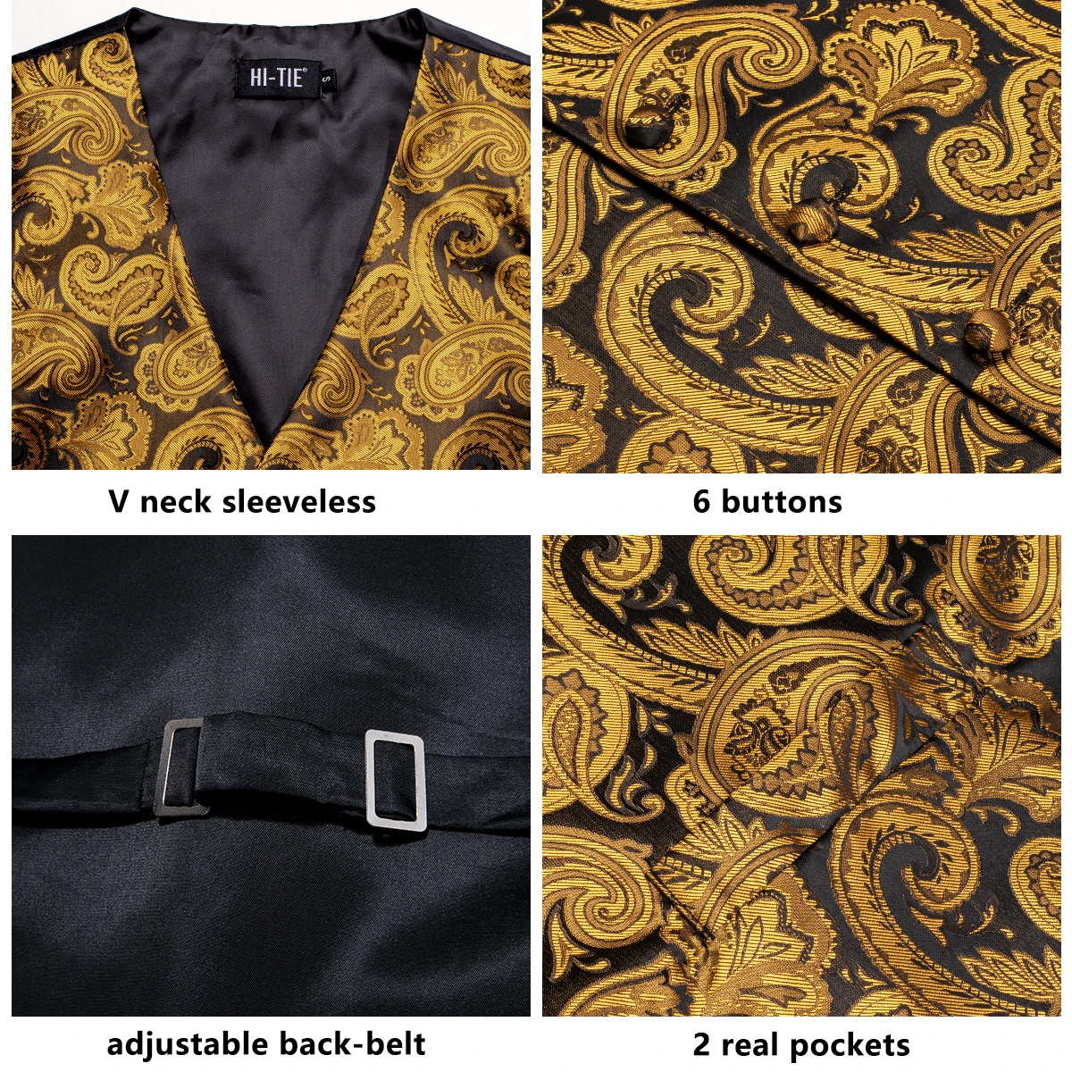 Hi-Tie Silk Mens Waistcoat Tie Set Gold Brown Orange Beige Ivory Khaki Bronze Sleeveless Jacket Suit Vest Necktie Hanky Cufflink 5
