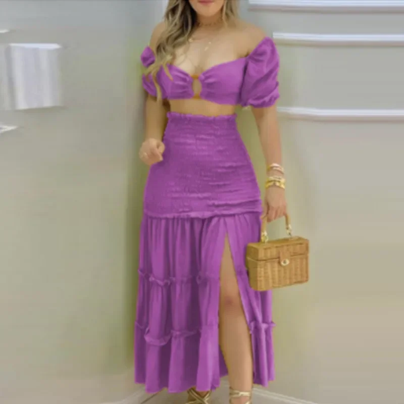 

Sexy Dress Sets Women 2 Piece Sets Skirts Crop Top High Waist Slit Skirt Summer Beach Wear Slash Collar Tops Long Skirts