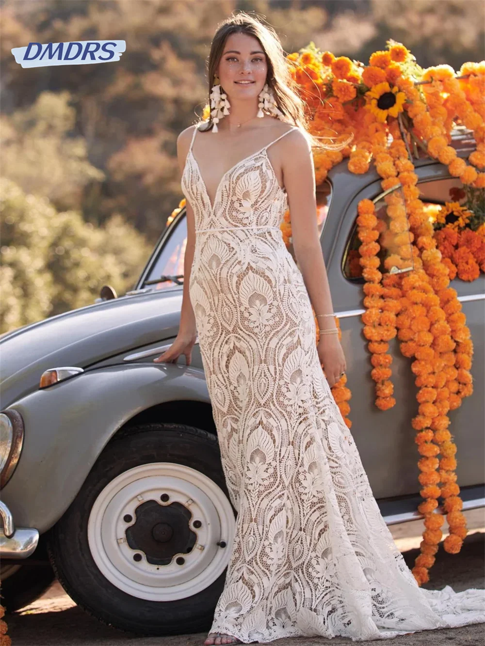 

Pastrol Appliques Spaghetti Straps Wedding Dress Elegant Deep V-neck Mermaid Bridal Gown Romantic Vestidos De Novia