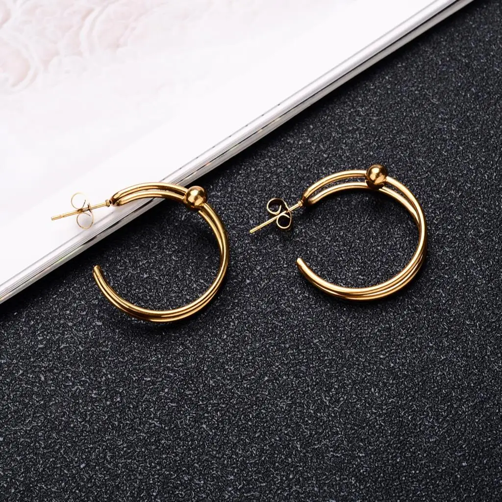 Edelstahl Übertrieben Runde Big Hoop Ohrring Frauen Glatte Design Vintage Doppel Ringe Ohrring Persönlichkeit Erklärung Hoops – Detail 9