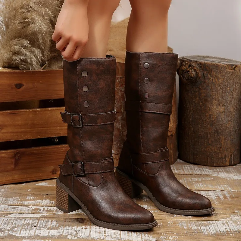 Stylish Western Boots with Pointed Toe Comfortable Lining Elegant Cowgirl Boots Featuring Studded Buckle and Cuff Decor