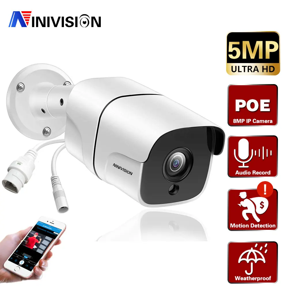 

NINIVISION 5MP POE HD IP Camera Outdoor Waterproof Infrared Night Vision 3.6 CCTV Video Surveillance Security P2P Email alerts