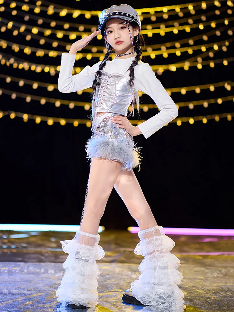 Hip Hop Girls Shiny Silver Crop Top Street Dance Sequin Shorts Clothes Sets Kids K-pop Stage Costume Child Girl Group Streetwear