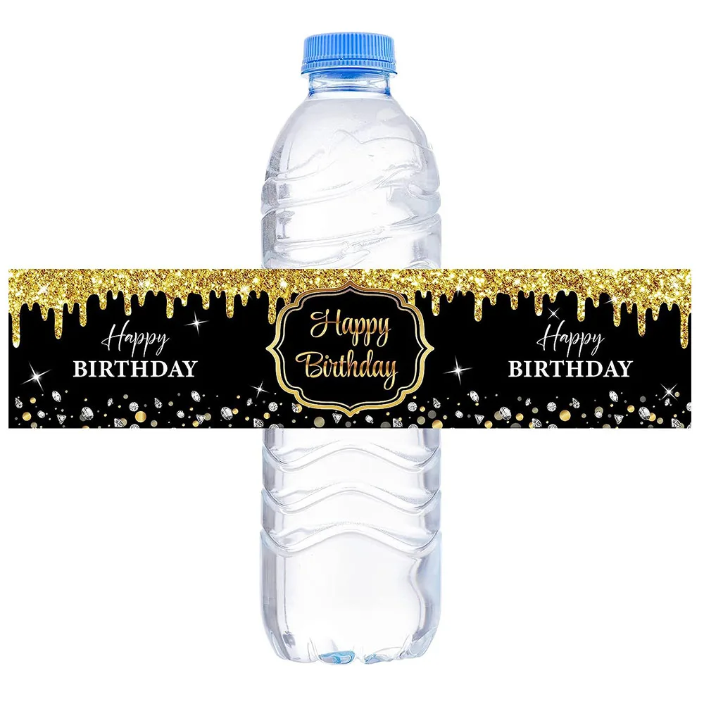 

Happy Birthday Water Bottle Tag Boys Girls Men Ladies Anniversary Celebration Stickers Party decorated in black and gold